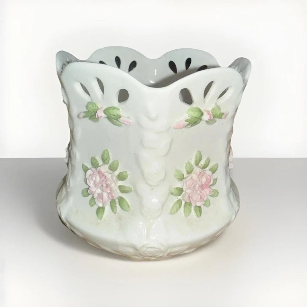 Fine Bone China Applied Pink Rose Reticulated Scalloped Bowl Made in Philippines
